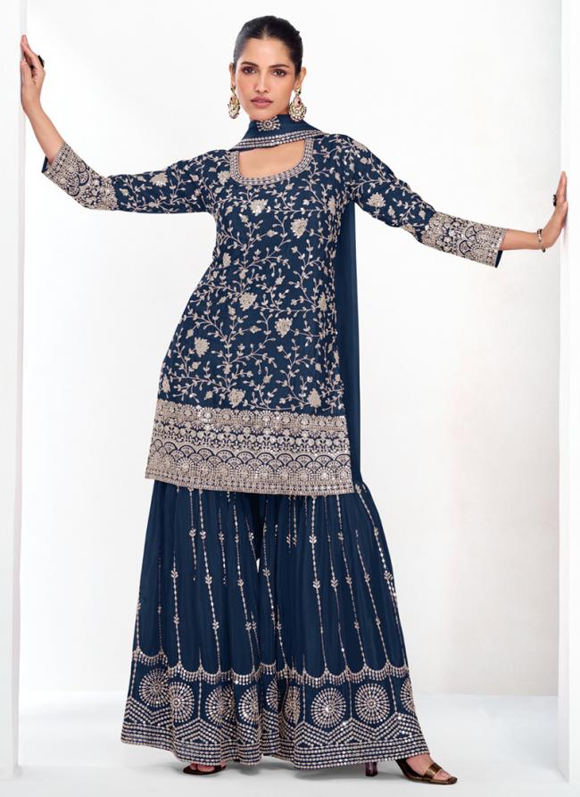 Chinnon Blue Wedding Wear Embroidery Work Readymade Plazzo Suit